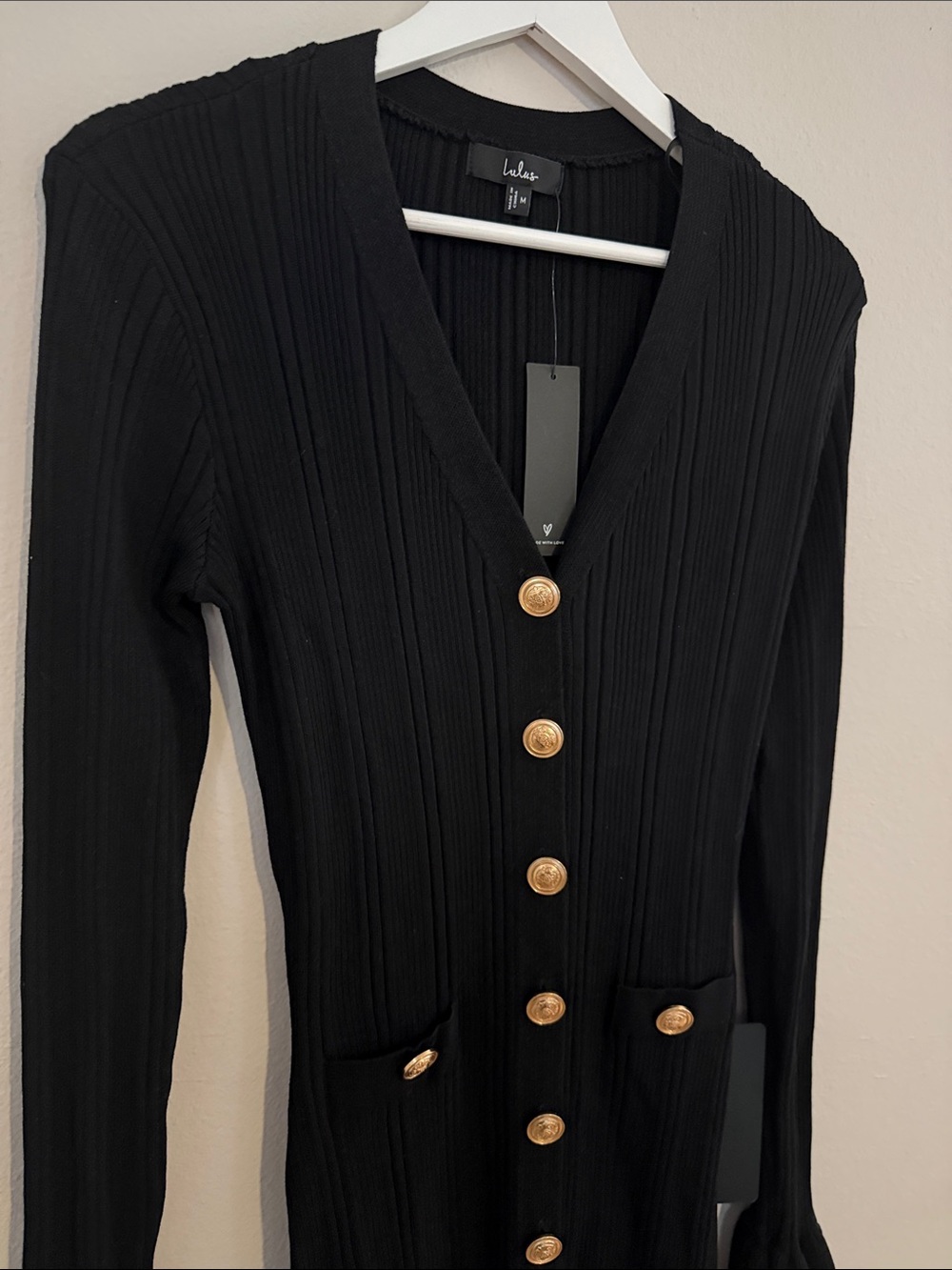 Lulu's Black Ribbed V‑Neck Midi Dress with Gold Buttons - Picture 2 of 9